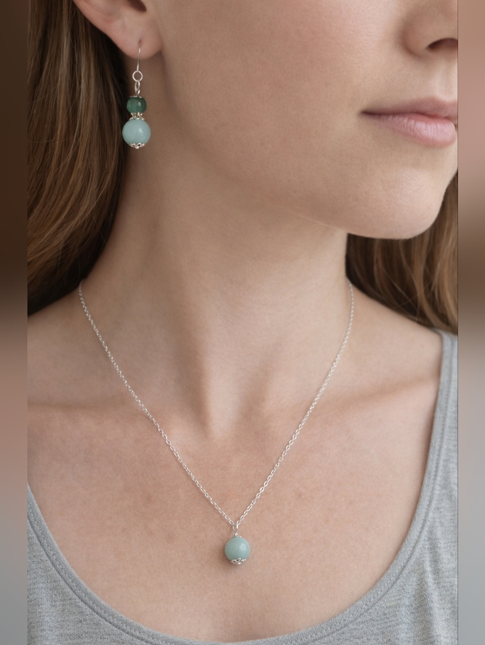 Adventurine Bead Necklace and 925 Hook Earrings Set 16-18"